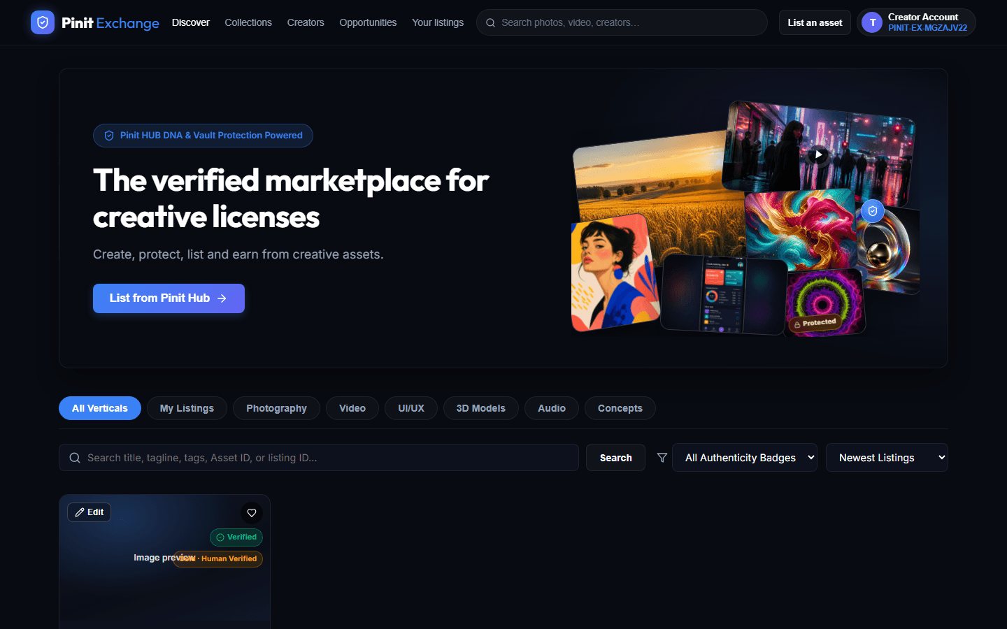 Pinit Exchange marketplace — Discover page showing DNA & Vault-protected creative assets