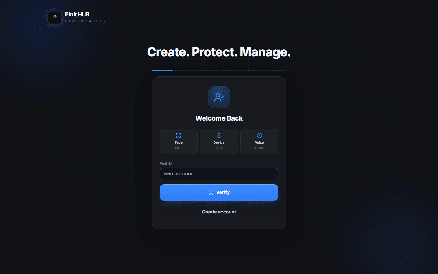 Pinit HUB biometric sign-in screen — Face, Device, and Voice verification